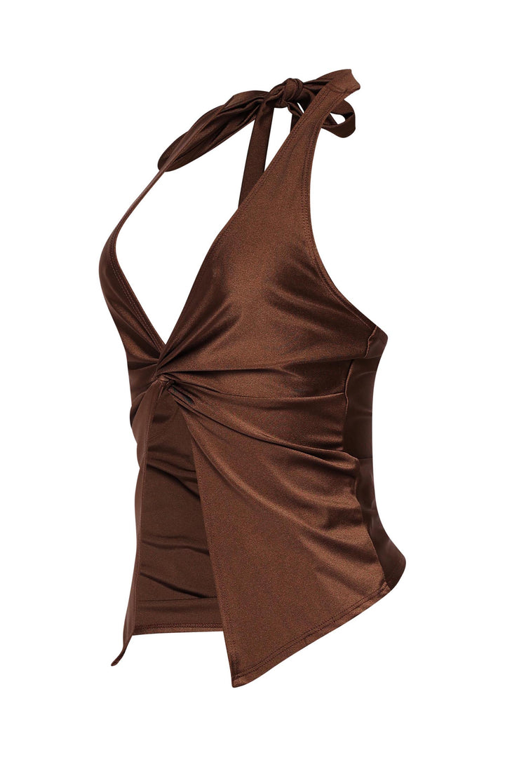 Brown fitted top with soft sheen and tied back neck for date night style
