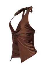 Brown fitted top with soft sheen and tied back neck for date night style
