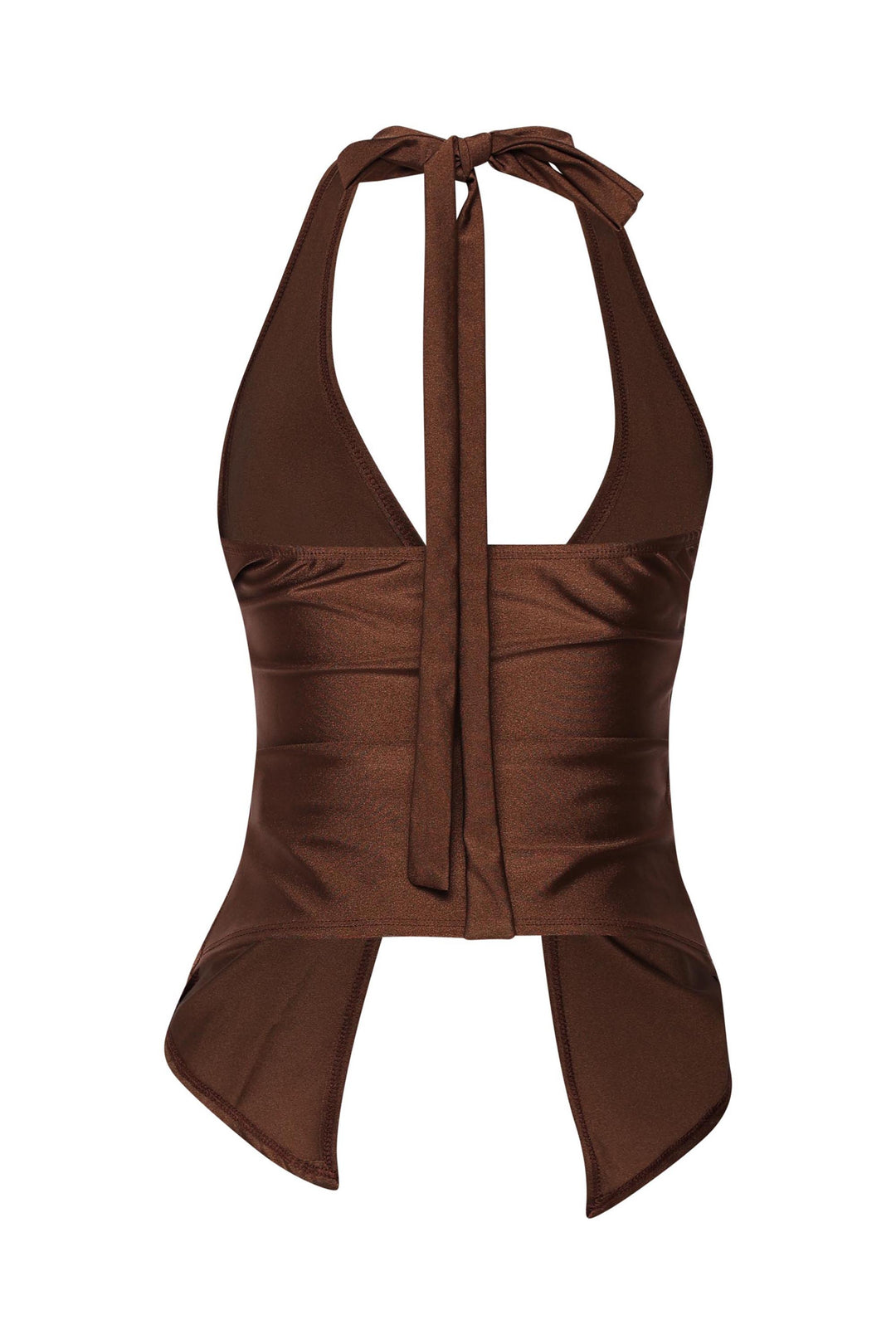 Brown sleeveless Y2K-inspired top with knot accent and split hem