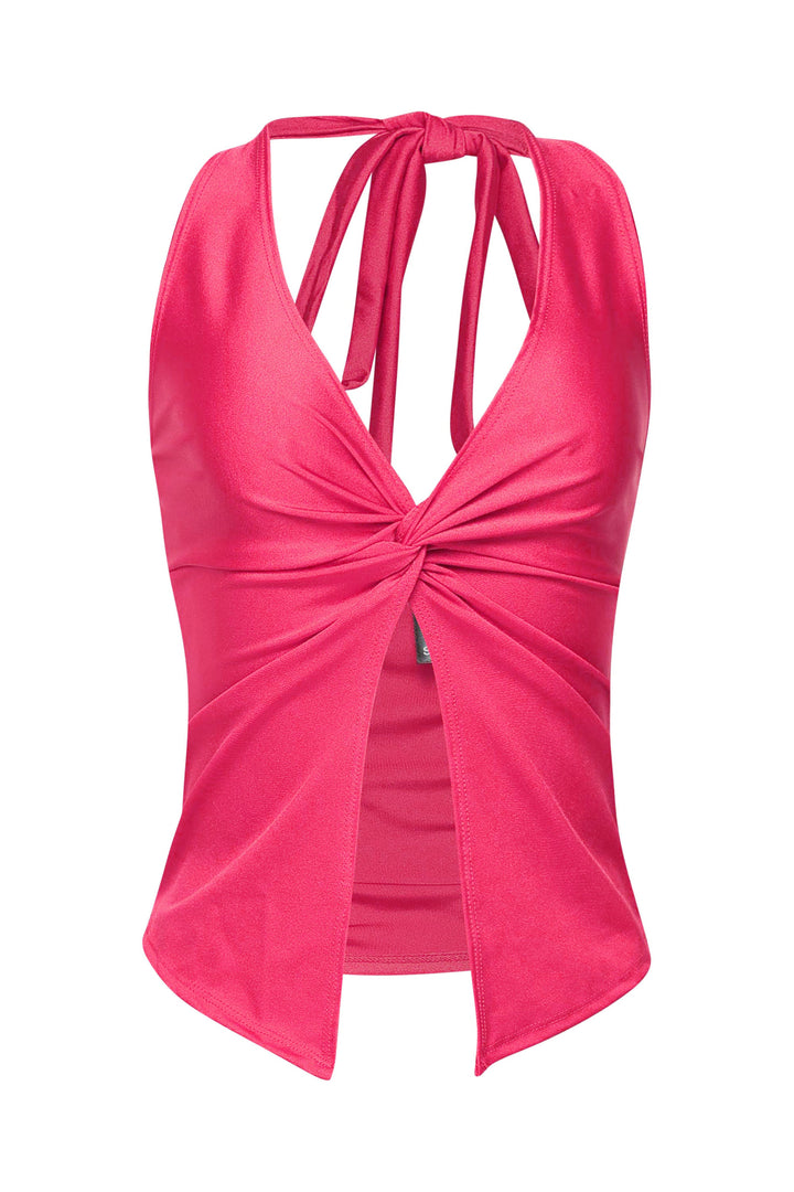 Hot pink halter crop top with sexy twist detail and Y2K split hem