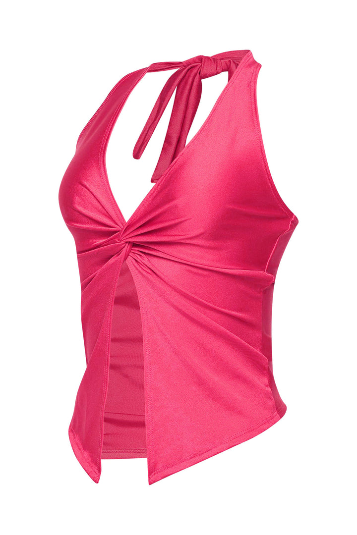 Hot pink knotted front top with back neck tie and curve-loving stretch