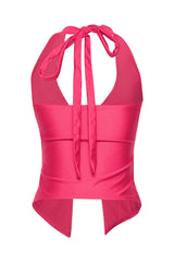 Barbiecore pink crop top with sleek shine and twist-front drama