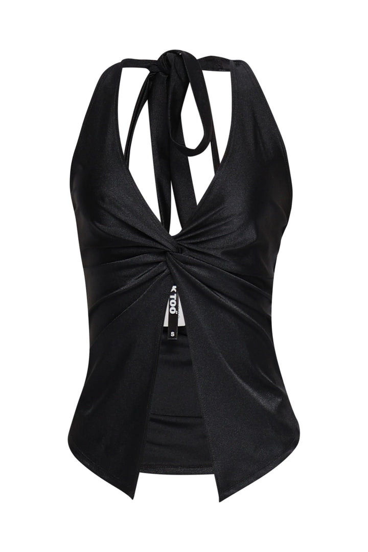 Black halter top with center twist and open hemline in sleek satin stretch
