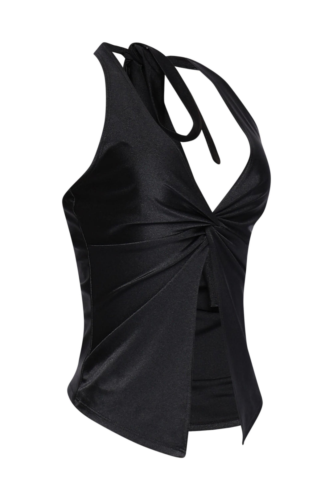 Sleek black sleeveless crop with plunge front and tie-back detail