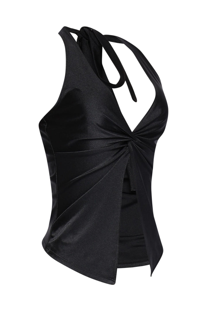Sleek black sleeveless crop with plunge front and tie-back detail