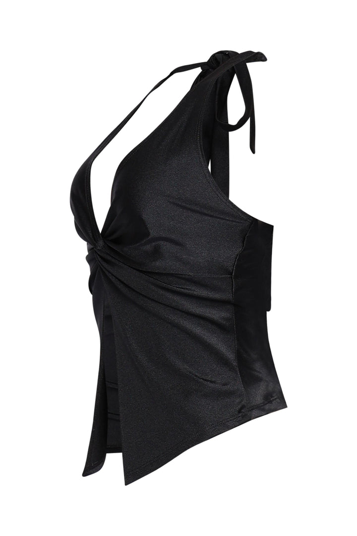  Black fitted halter top with soft shine and cutout twist front