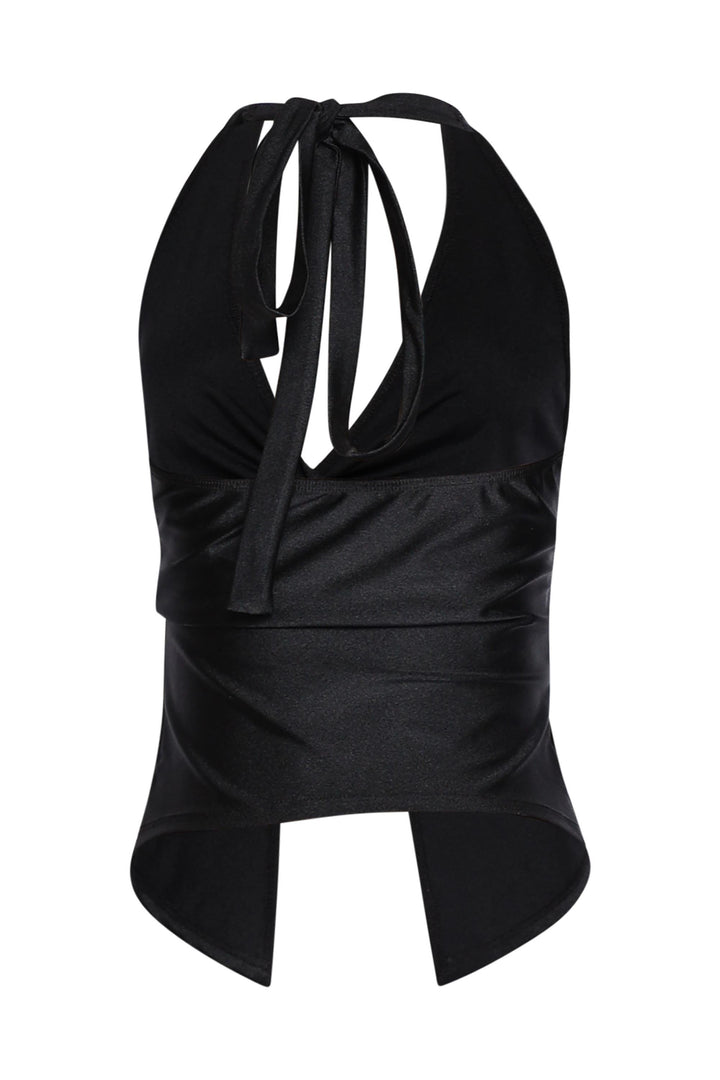 • Trendy black Y2K top with high-shine finish and knotted neckline

