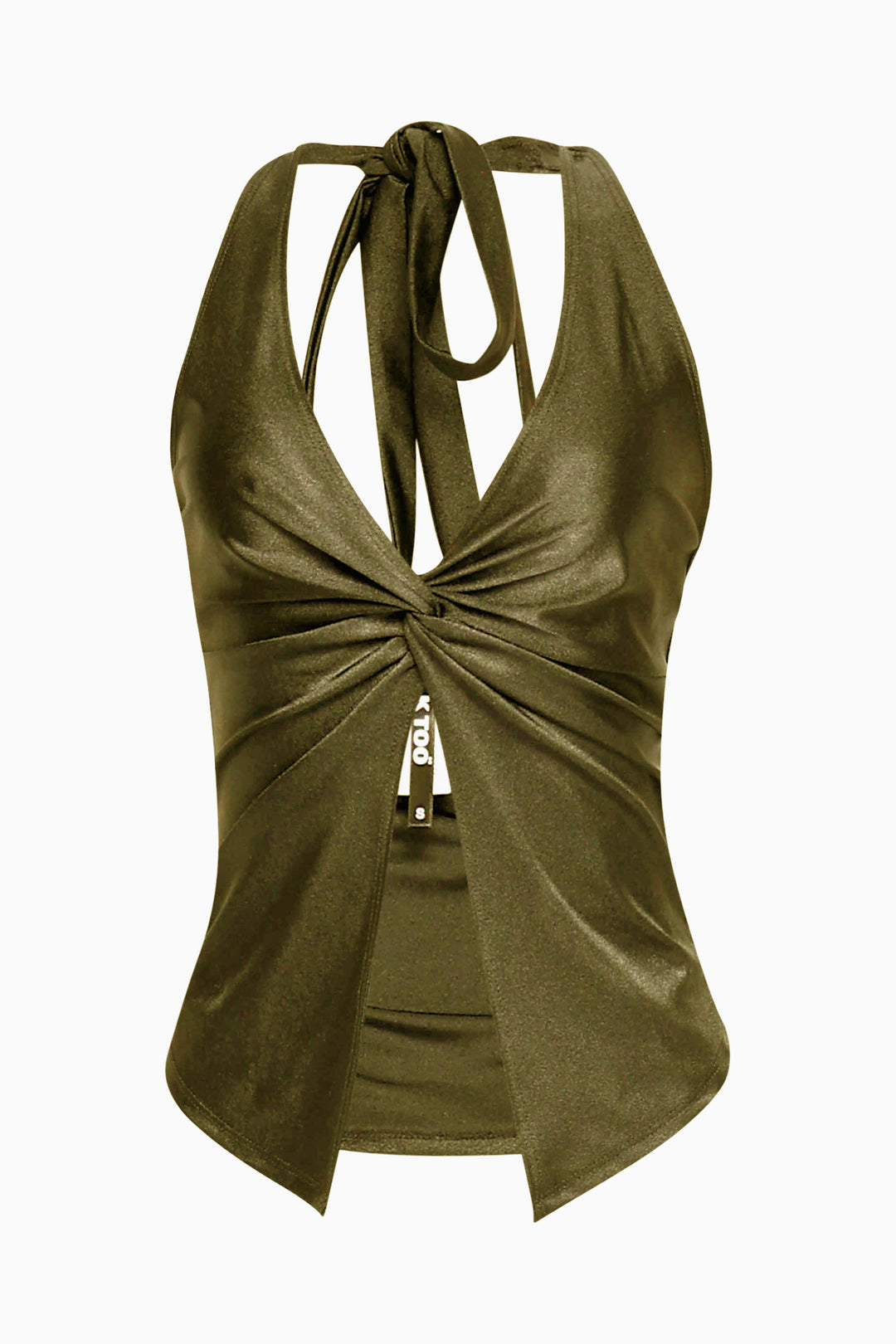 • Olive halter top with sexy open front and knot detail in satin finish
