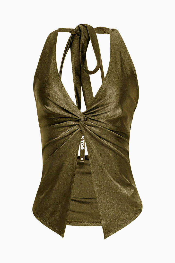 • Olive halter top with sexy open front and knot detail in satin finish
