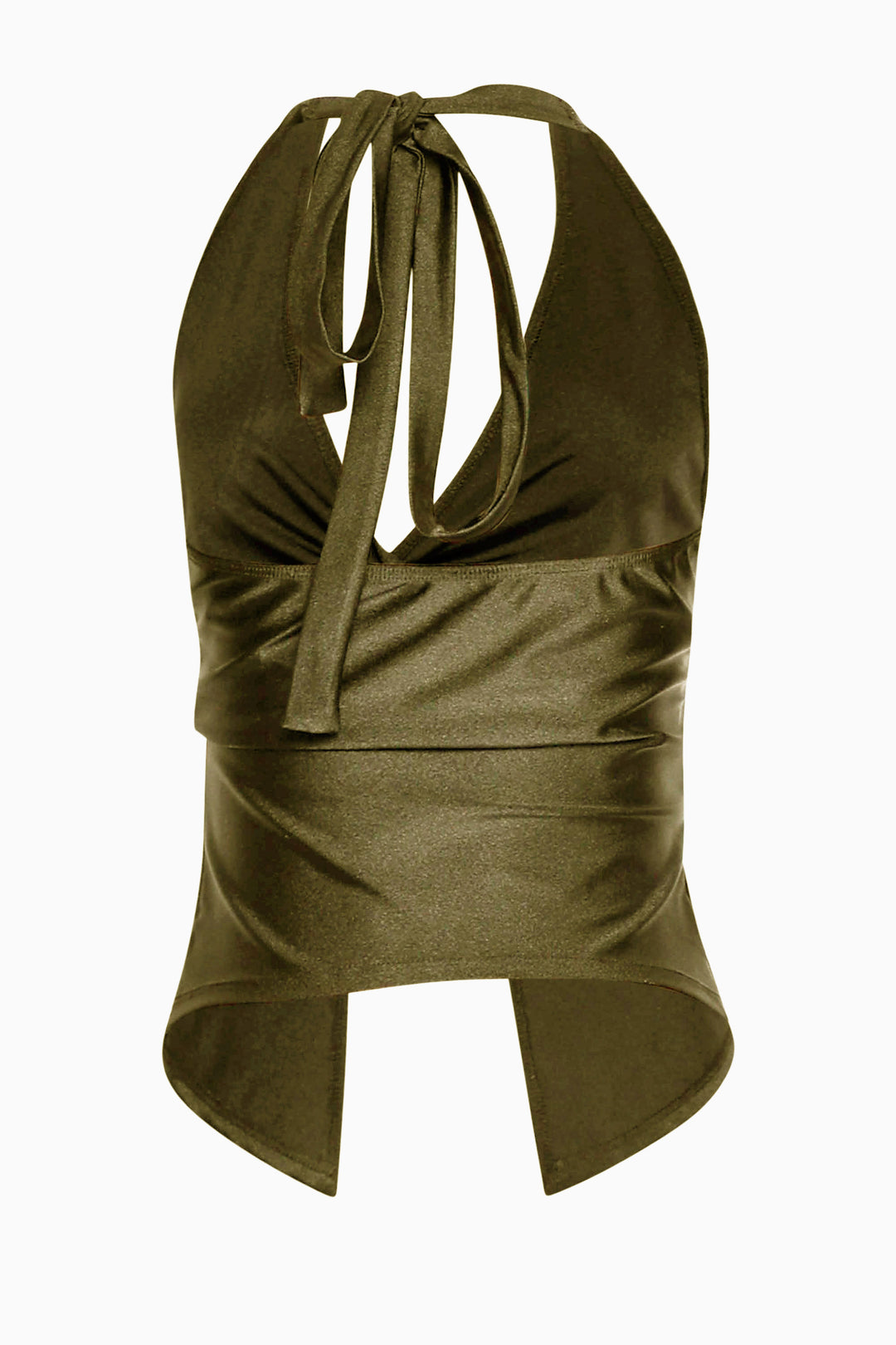 Olive sheen crop with tied neck and twist front for an elevated vibe
