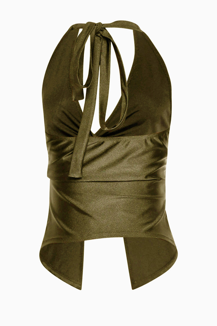 Olive sheen crop with tied neck and twist front for an elevated vibe