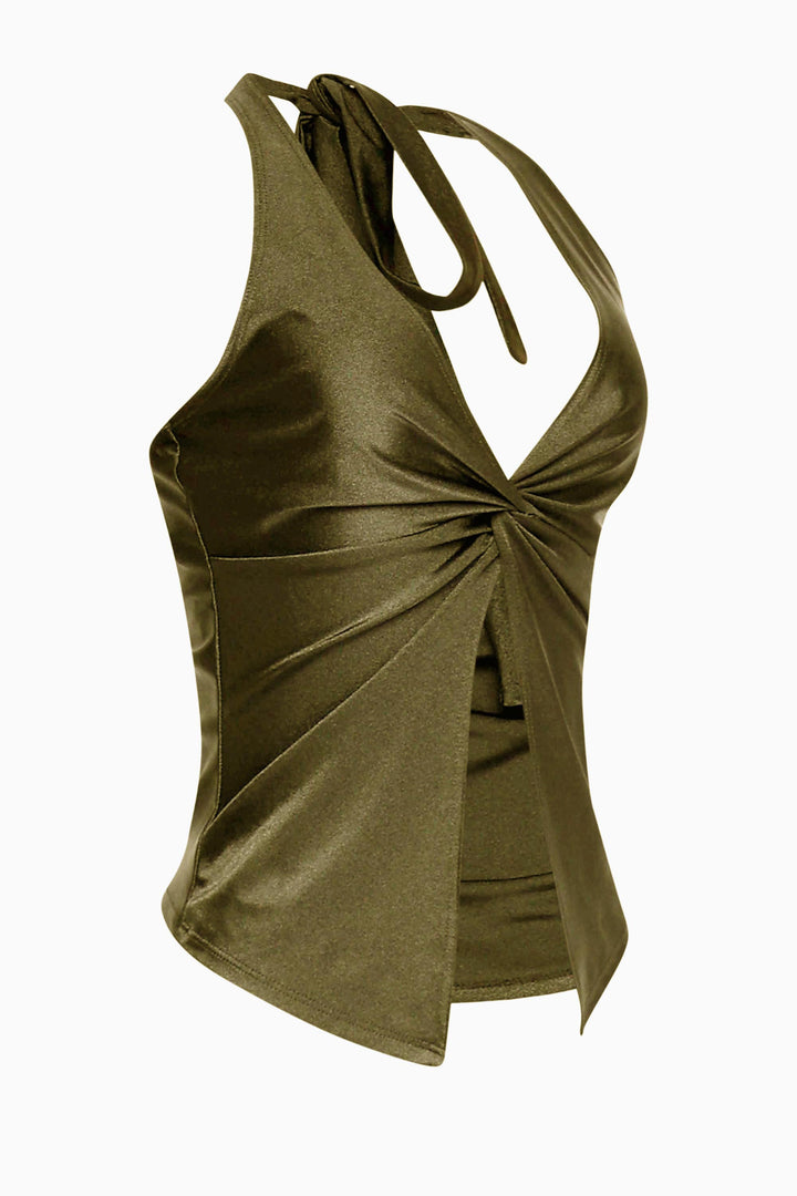 • Olive green Y2K-inspired crop top with twist hem and soft stretch
