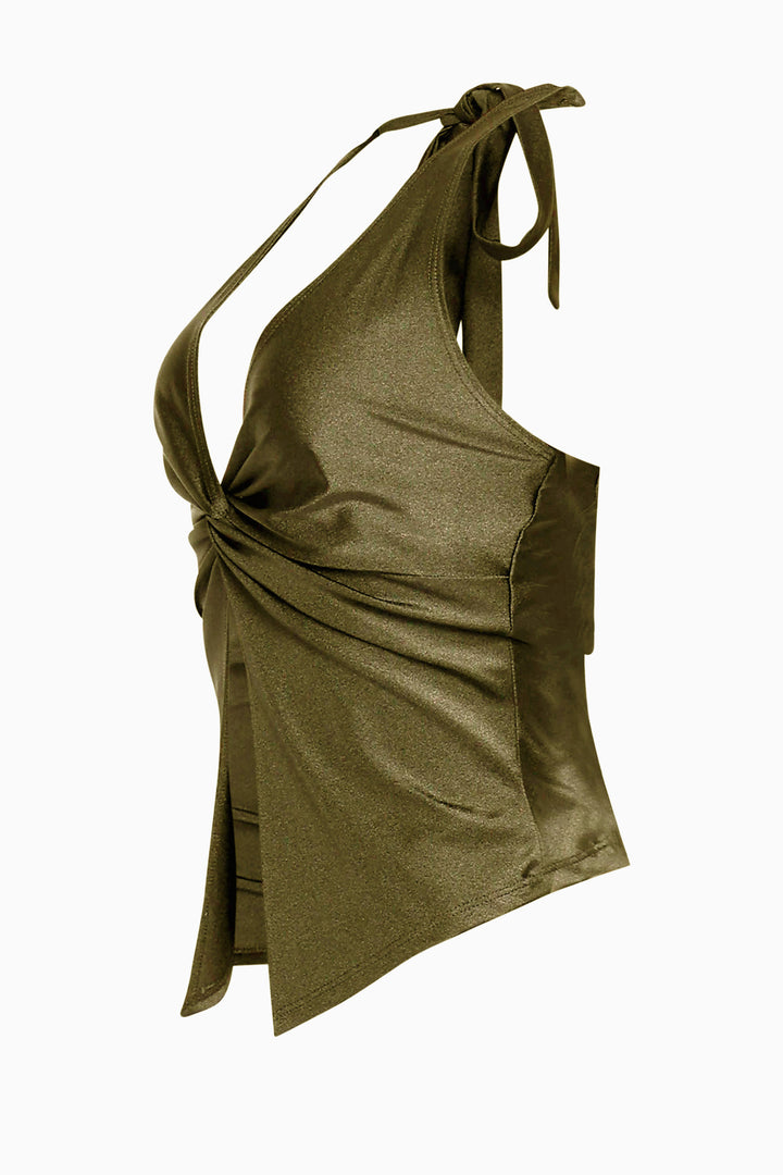 • Fitted olive halter with front slit and body-skimming satin texture
