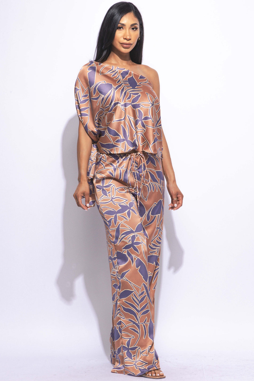 Satin one shoulder flowy set with wide leg pants