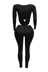 Curved U shape detailed draped front long sleeve top & leggings set