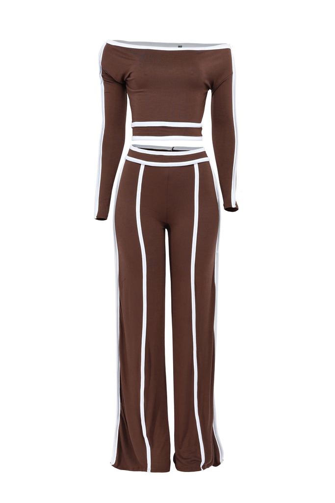 Color contrast detailed off shoulder long sleeve top with wide leg pants