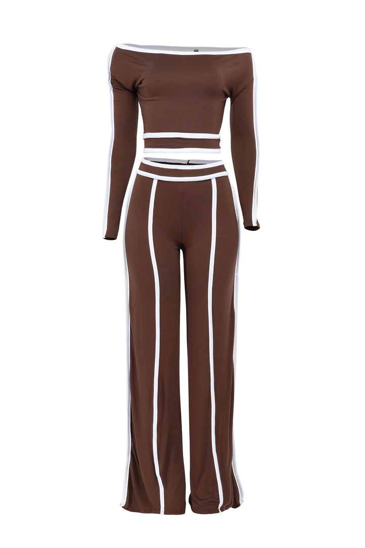 Color contrast detailed off shoulder long sleeve top with wide leg pants