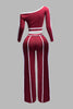 Color contrast detailed off shoulder long sleeve top with wide leg pants
