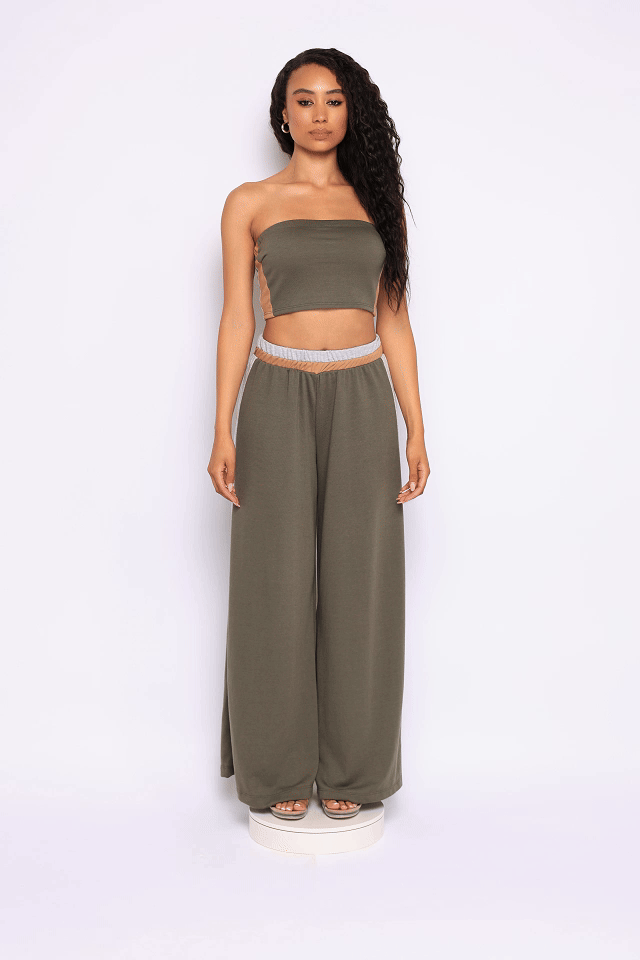 Strapless crop top & wide leg pants set