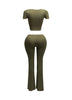Back view of olive two-piece set with nude trim, showing a flattering fit with curve-hugging pants and cropped top.