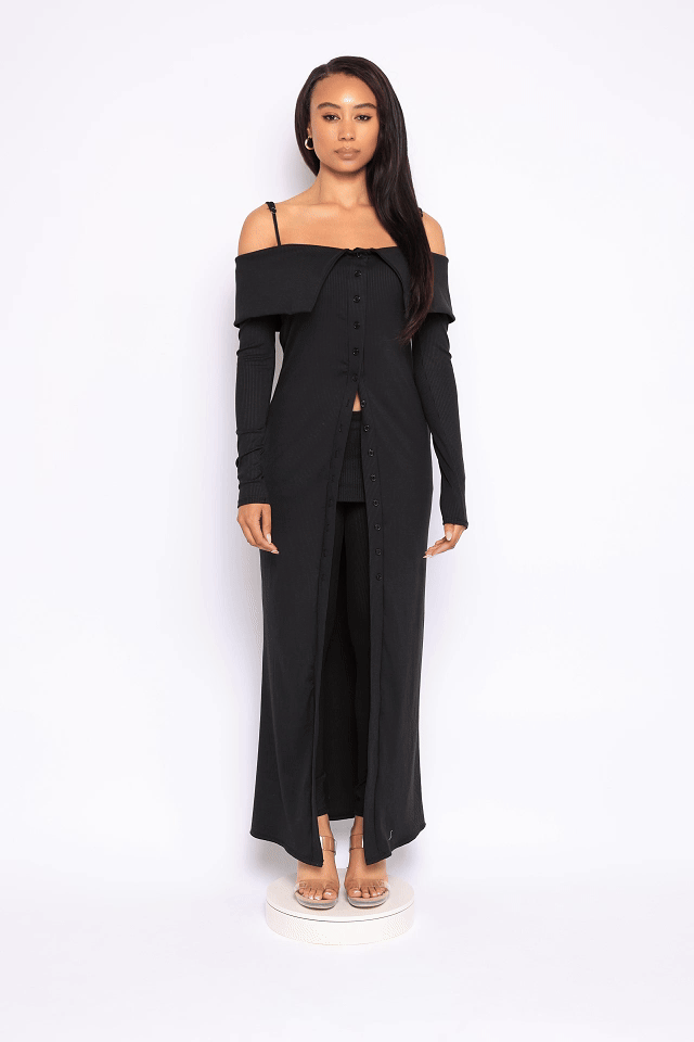 Long length spaghetti strap and off shoulder top & skirt leggings set