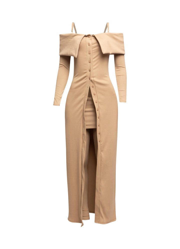 Long length spaghetti strap and off shoulder top & skirt leggings set