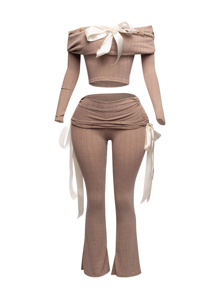 Off shoulder ribbon trim detailed top & pants set