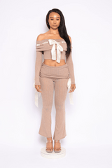 Off shoulder ribbon trim detailed top & pants set