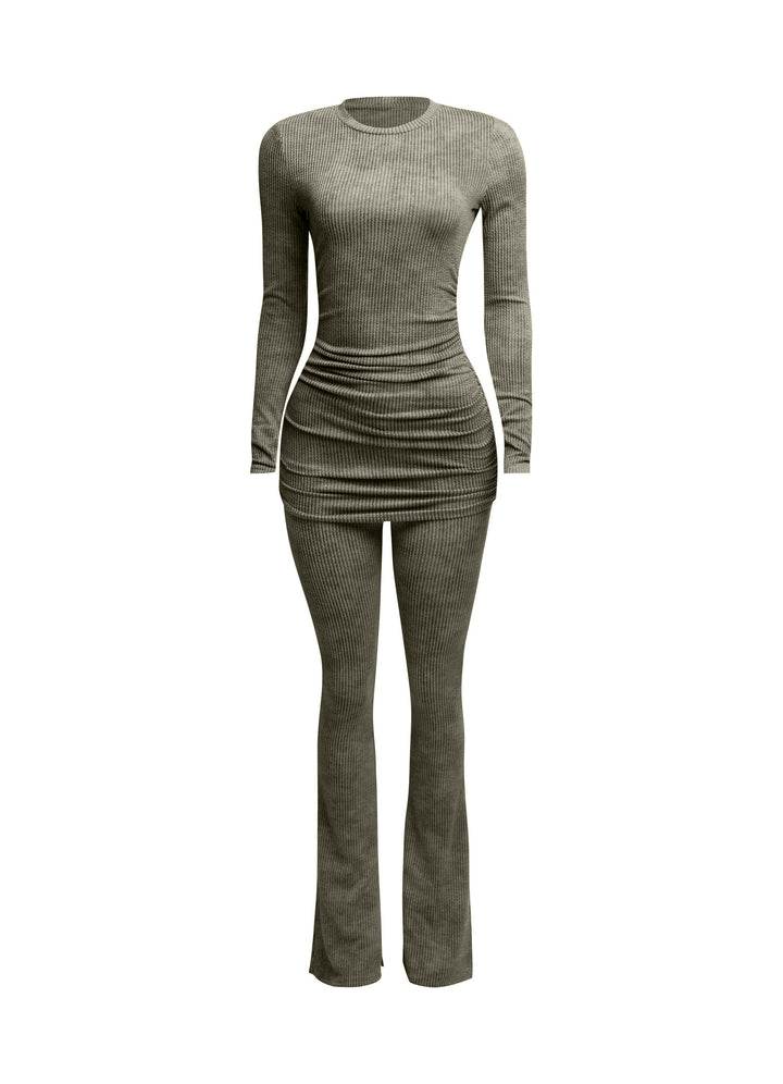 Washed rib round neck long sleeve & pants set