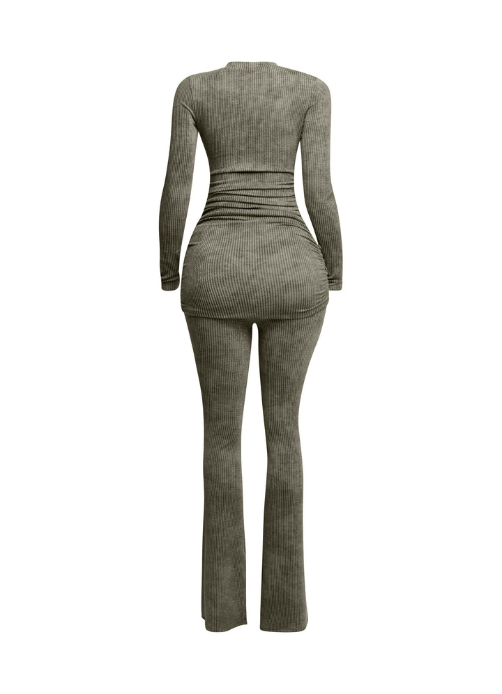 Washed rib round neck long sleeve & pants set