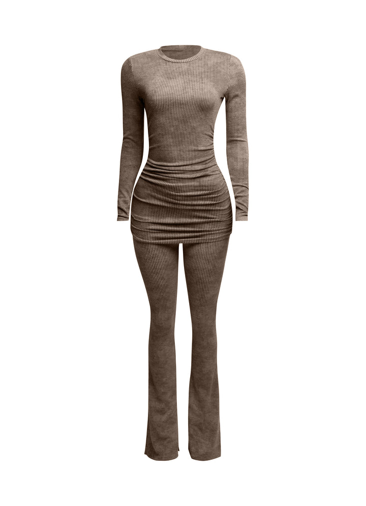 Washed rib round neck long sleeve & pants set