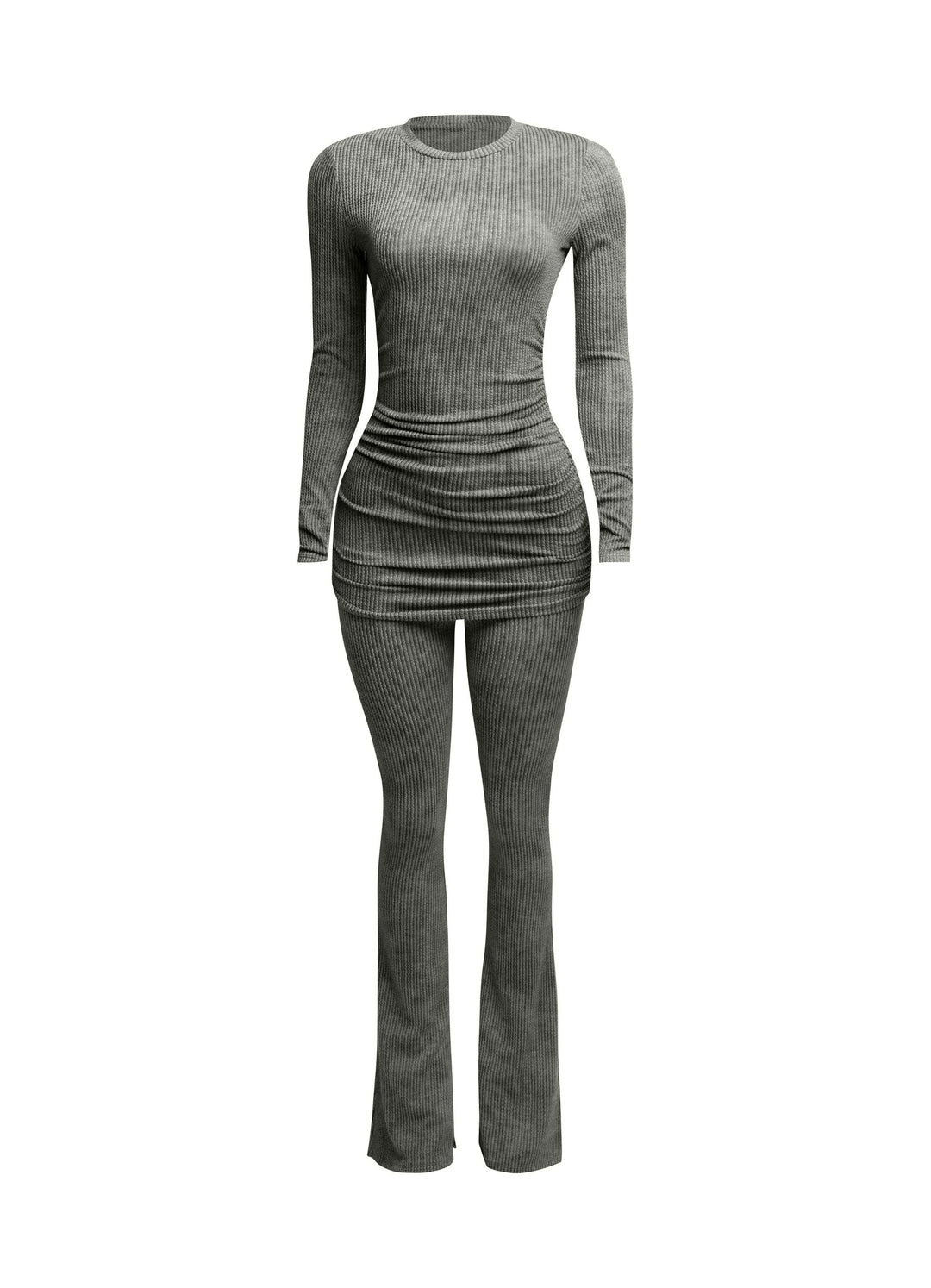 Washed rib round neck long sleeve & pants set