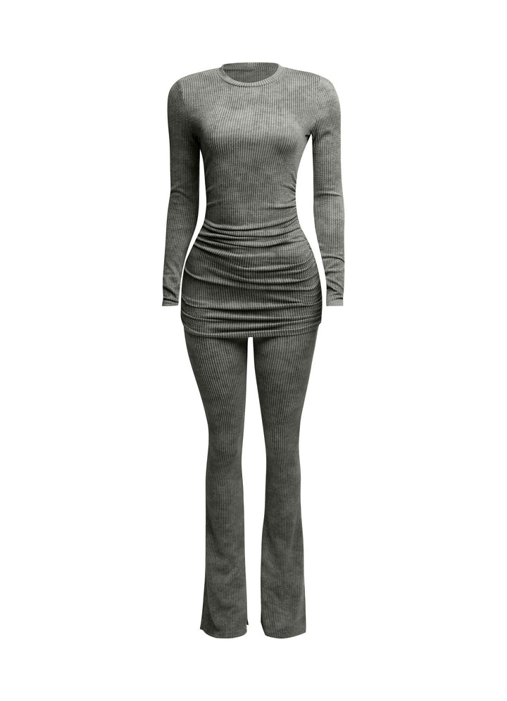 Washed rib round neck long sleeve & pants set