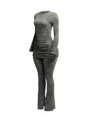 Washed rib round neck long sleeve & pants set