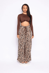 Long sleeve knoted mid top and leopard linen contrast wide leg pants set