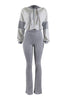 Gray and white color-blocked outfit with a jacket and ribbed pants on a white background