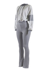 Gray and white outfit with a jacket and pants on a white background