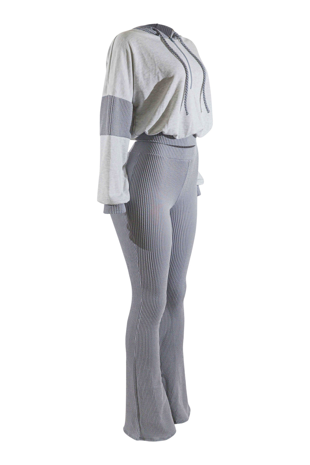 Gray ribbed sweater and pants set on a white background