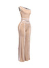 Trendy beige and white color-block two-piece set with off-shoulder top and flowing wide-leg pants, perfect for day-to-night outfits.