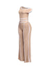 Sophisticated beige off-shoulder pant set with white contrast stripes, combining elegance and edge for a standout ensemble.