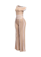 Sophisticated beige off-shoulder pant set with white contrast stripes, combining elegance and edge for a standout ensemble.