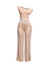 Neutral-toned off-shoulder pant set with sleek white contrast trim, ideal for minimalist yet bold fashion statements.