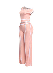 Flattering blush pink off-shoulder top and high-waisted wide-leg pant set with crisp white stripes for a modern, fashion-forward ensemble.