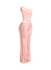 Trendy pastel pink off-shoulder pant set with sleek white accents, ideal for day-to-night transitions or statement outfits.