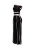 Trendy off-shoulder two-piece pant set with contrast paneling, ideal for night outs or fashion-forward events.