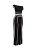 Stylish and comfortable color-block off-shoulder top and high-waisted wide-leg pant set, perfect for elevating your wardrobe.