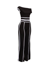 Stylish and comfortable color-block off-shoulder top and high-waisted wide-leg pant set, perfect for elevating your wardrobe.