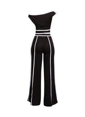 Chic and modern black-and-white off-shoulder pant set, featuring wide-leg pants for a sleek, high-fashion vibe.