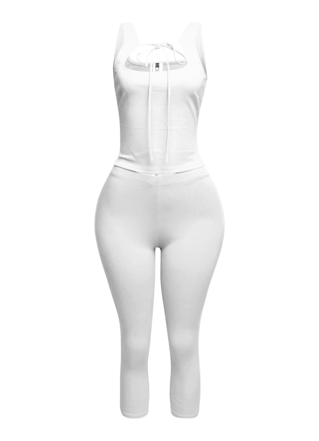 Chic white tank top with a tie-front detail, paired with sleek capri pants for an effortlessly stylish summer outfit.