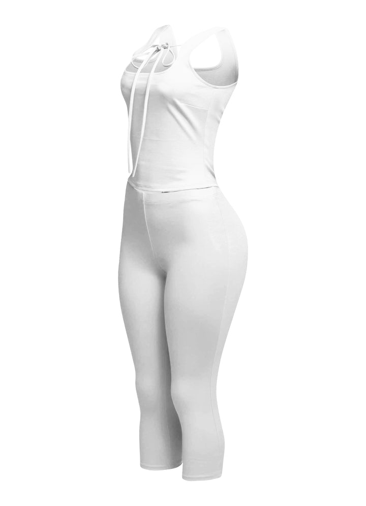 Sophisticated white tank top with delicate tie-front detail and matching capri pants, ideal for creating a polished yet casual vibe.